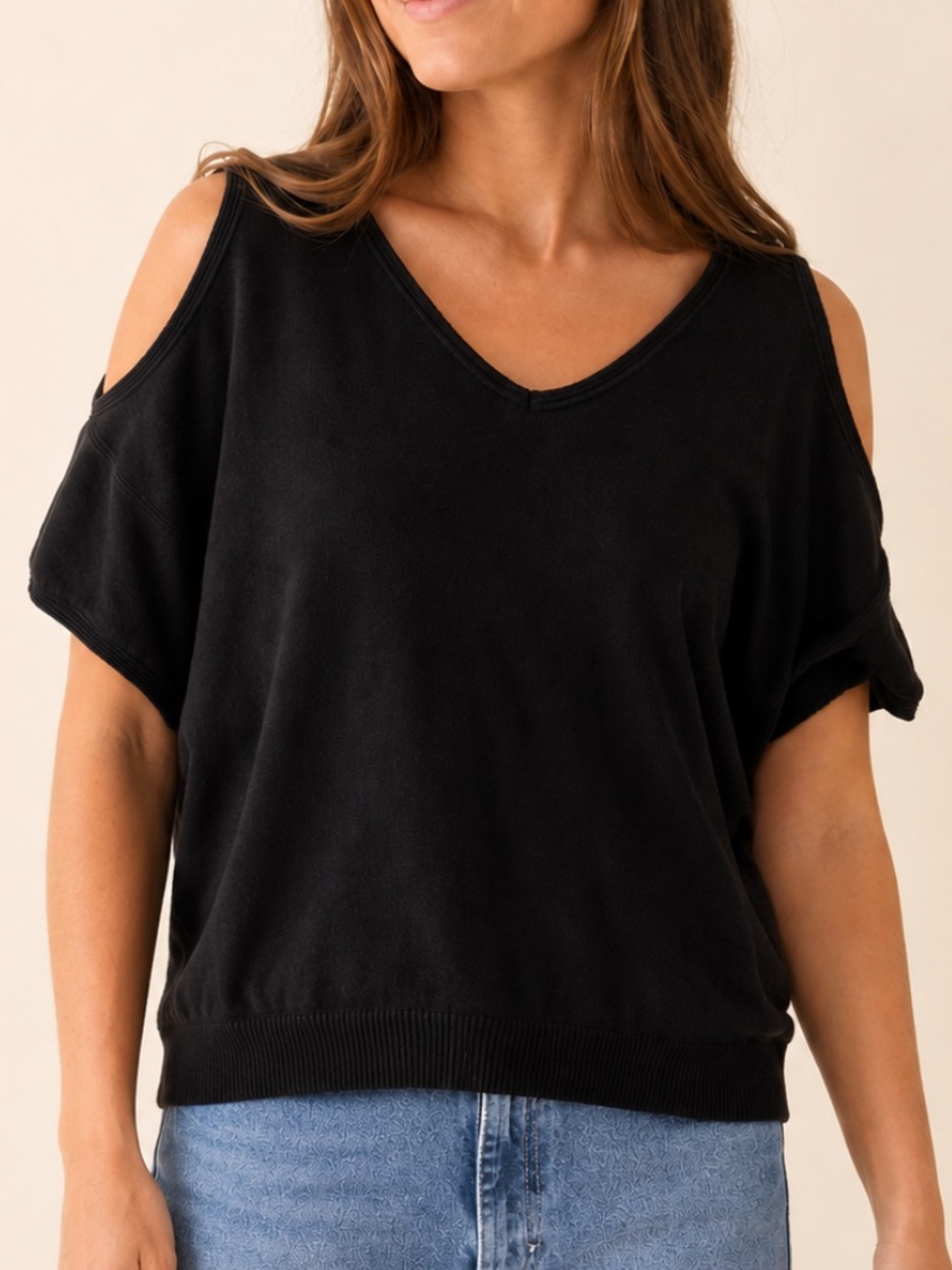 Joseph A Black Cold-Shoulder V-Neck Sweatshirt Women’s 1X